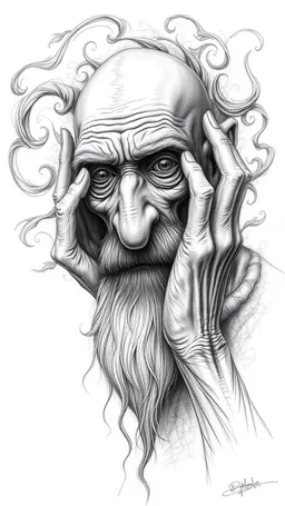 𝙋𝙧𝙤𝙢𝙥𝙩 highly detailed graphite illustration, A surreal elderly figure with exaggerated anatomical features, heavily wrinkled skin, and an intense, contemplative expression. bald head, thick eyebrows, long beard merge into swirling abstract shapes. Large, expressive hands, one covering the mouth and the other gripping the forehead tensely. Mysterious, introspective, dreamlike, somewhat dark fantasy. #𝙙𝙧𝙚art #prompt