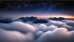 looking down from space at the mist and clouds, surrounded by the mist at night starry sky. majority of the image is space