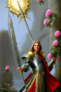 A large silver and Gold holy spear weapon covered in rose's and thorns, realistic, fantasy,
