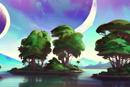 illustration concept art water color style for teenagers in other planet watching the moon and mountains having adventure two teenagers mystery weird cretures trees exiting