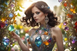 brunette woman in coloured glass gress set with gemstones, glittering metal stems and gemstone leaves in a flowergarden sharp focus elegant extremely detailed intricate very attractive beautiful dynamic lighting fantastic view crisp quality exquisite detail in the sunshine gems and jewels