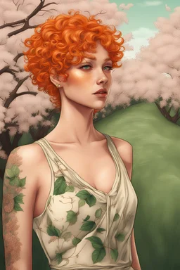 A woman orange short curly hair , freckles , big green shinning eyes , medium shot , upper body view , extremely detailed , hyper detailed skin and eyes , cherry trees landscape , face minimal tattoo , 100% body tattoo , tigh dress ,huge woman , UHD, realistic