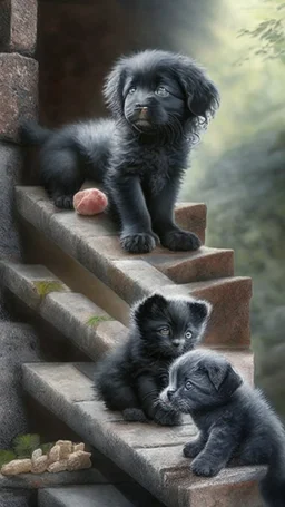 A shaggy black puppy dog with a white belly, a gray kitten, a three color kitten eating salami on a stone stairway in the woods