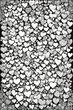 create a coloring page of a bunch of hearts over the page, black and white
