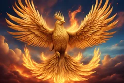 Phoenix golden bird with fire background sky