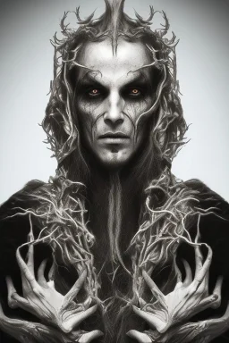 Symmetric portrait of a man with black metal facepaint , looking like Nergal from Behemoth, holding black candles