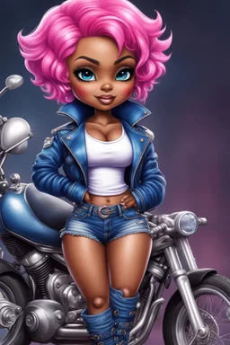 create an airbrush illustration of a chibi cartoon voluptuous black female wearing a blue jean outfit with biker boots. Prominent make up with hazel eyes. Extremely highly detail of a very low pink pixie haircut. Background of a bike show.