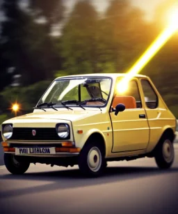 fiat 126p, city. high speed. bokeh. lens flare. warm lights. high detailed