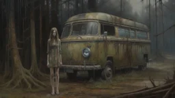 A hauntingly beautiful oil painting depicting a woman standing in front of a bus in the forest, in a post apocalyptic environment, wearing a tattered dress, with a dilapidated appearance