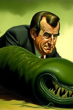 PresidentRichard M. Nixon painted as worm crawling through the torso of john kennedy