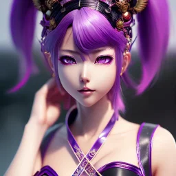 Detailed cute anime Kunoichi girl, purple hair buns, purple bangs, red latex bodysuit, intricate details, full body portrait, keep head in frame, slight smile, black Japanese motif, concept art, highly detailed, digital painting, concept art, sharp focus, illustration, art by Yoji Shinkawa, WLOP and greg rutkowski and alphonse mucha and artgerm and yanjun Chen and Junji ito and Makoto Shinkai, HDR, octane render