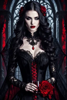 A captivating, high-resolution image of a stunningly elegant vampire woman exuding both beauty and danger. Dressed in exquisite black gothic clothing adorned with intricate details and black lace, on her dress red blood stains adding a dramatic effect. Her pale skin contrasts sharply with her dark attire, and her long, dark hair cascades down her shoulders. Holding a glass of red wine, she radiates an air of mystery. The background is dark and enigmatic, with soft, realistic lighting casting sha