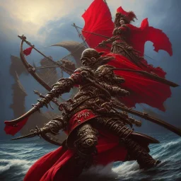 a pirate warrior in red and black full battle armor, a highly detailed illustration, background of giant crashing ocean waves, realistic render, 8 k, micro detail, intricate, elegant, centered, digital painting, Artstation, smooth, sharp focus, illustration, artgerm, tomasz alen kopera, peter mohrbacher, donato giancola, joseph christian leyendecker, wlop, boris vallejo