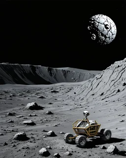High-altitude lunar reconnaissance satellite image of a young impact crater with larger regolith along right ride. A damaged metallic alien sphere with fracture lines like an egg. organic growth across regolith and up crater walls. Along the lower frame edge a small modern bare-bones lunar-vehicle sits near the rim with visible wheel tracks. comic pencils