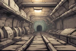 background, looking into huge underground bunker interior tunnel from side for asset video game 2D view, platformer