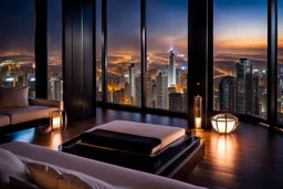 in luxury room in top floor of skyscrapper in moder city at night sky, ,city scape at backgrownd