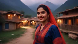 (Photographic Close View) The image should depict a serene evening scene of a traditional Pakistani village at beautiful dark rainy night, featuring a (closeup face view of a) young happy woman whirling wearing a navy-blue checkered dress with red embroidery, surrounded by rustic houses, thick trees and breathtaking mountain landscapes, bathed in soft golden light and dramatic hues of orange, pink, and purple.