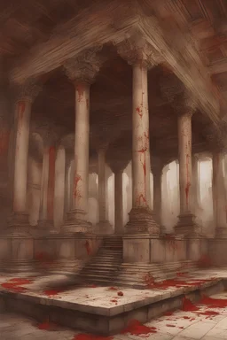 Broken temple with the floor covered in blood, detailed painting