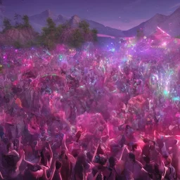 GIANT DANCE PARTY, FESTIVAL IN THE MOUNTAINS, MUSIC FESTIVAL, CROWD, cinematic lighting, 4k, 8k, octane render, digital concept art, extremely detailed, ambient lighting, PINK