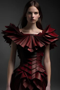 Dark red, off-the-shoulder, pleated leather dress inspired by fractals in geometry.