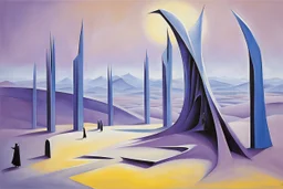 a surreal open gothic_arab gate in a glass wall with a view of a desolate landscape, storm, strong contrasts, by artist "Leonora Carrington",by artist "Zaha Hadid",These colors are bold, vibrant, and intense, including shades of colors such as purple, blue, and yellow.