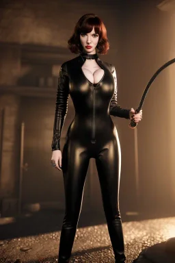 Christina Hendricks dressed in black leather catsuit, with a whip in her hand, inside a dungeon, busty, cleavage, angry, stern look, volumetric lighting, particales,highly detailed,cinematic, deep colours,8