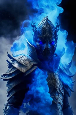 blue smoke in a shape of humanoid and a colour of a storm wearing a scalemail armor