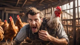 Hyper Realistic a chicken is attacking on a handsome farmer from its peak inside a chicken coop with scared expressions on farmer's face few haystacks behind & feathers whirling showing dramatic & cinematic ambiance