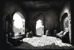 generate an image dark room in Omani old castle like a sketch draw minimal style black and white pencil style, a lot of items around.
