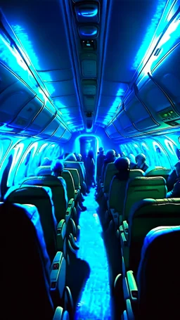 inside a commercial airplane an alien is walking in isle between the seats equipped with scared passengers Bosch painting style