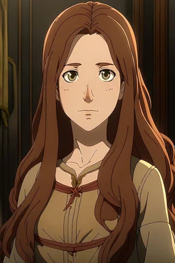 Animé, femme medieval, cheveux long brun, yeux brun, debout, sans fond d'écran