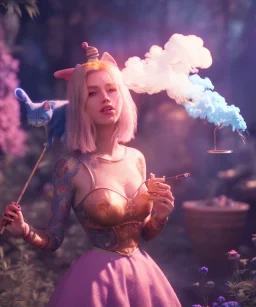 Ultra realistic wonderland photo, happy blonde woman smoking a shisha, blue dress, purple-cat friend, circus dress style, old school tattoo, smoke, marijuana garden, glow eyes, perfect iris, soft color, highly detailed, unreal engine 5, cinematic, ultra detail, volumetric lighting, high definition.