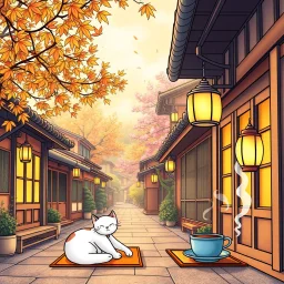 Create a book cover for "Cozy Japan Coloring Book" featuring a tranquil street scene in a traditional Japanese village during early autumn. Delicate maple leaves drift through the air, while warm lantern light glows from small wooden houses with sliding paper doors. A peaceful cat naps on a tatami mat by the door, and steam curls up from a teacup on a windowsill. Cherry blossom trees mingle with golden foliage in the background, and soft light spills over the rooftops. The scene is rich with tex