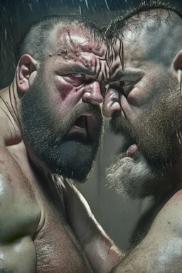 photography of two burly bearded wet sweaty strong chubby marocan prisoners fighting very close, 64 years old in dirty ripped broken shorts, long beard, fight in a dark prison, eye-to-eye, dirty, ugly, bullneck, muscular, manly chest, shirtless, misery and poverty, angry eyes, photorealistic, cinematic, ultradetailed, 32k, view from the ground