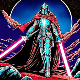 retro fantasy art of a heroic space knight with laser sword