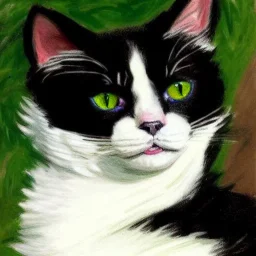 Portrait of a fluffy tuxedo cat with green eyes in a Victorian dress in the style of Monet