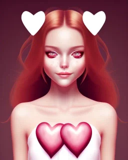 girl, happy, closed mouth smile, surrounded by hearts, brown hair, long hair, brown eyes, close up portrait, pink top