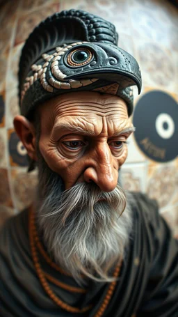 fish eye lense, master oil painting by Rembrandt, realistic rendering Portrait of the Apkallu sage who were sent by the god Ea to teach civilization to humanity before the flood. They were depicted as half-human and half-fish or bird, and were associated with wisdom, magic, and culture. blurred tile yin yang pattern background, brightened edges to give a sense of depth