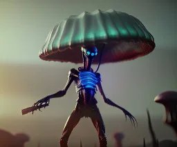 Alien, pauldron, jellyfish, metal, holding gun, strong