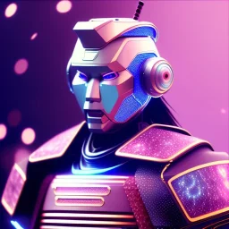 A portrait of a crystalised robot samurai with yakuza tatu, atmospheric, realistic, unreal engine cosmic galactic, cinematic lighting, octane render, transparent,bleu pink light, Horse tail, cristal goutte rose sur le front