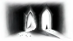 pencil sketch drawing a scary dark room in an Omani castle from the front of a craters on the surface. Abstract front image and white background