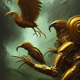 a digital art ibis in metallic gold and orange and green battle armor, in a hurricane, a highly detailed illustration, background of Celtic jungle, realistic render, 8 k, micro detail, intricate, elegant, centered, digital painting, Artstation, smooth, sharp focus, illustration, artgerm, tomasz alen kopera, peter mohrbacher, donato giancola, joseph christian leyendecker, wlop, boris vallejo