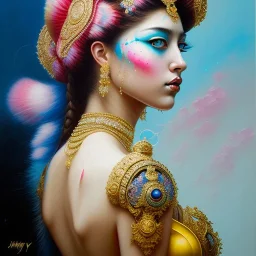 iv_a painting of a young woman, figurative art, an acrylic detailed painting, , brush strokes, paint drips and drabs and splatters by Harumi Hironaka, turquoise pink and yellow, james terrell art, trending on artstation, soft lines,intricate art by bastien lecouffe deharme and greg rutkowski