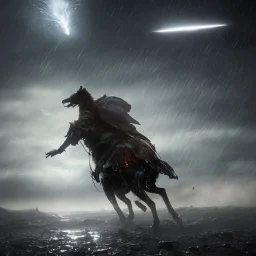 Heavy rain. Epic Lighting in the night sky. Knight with magic scroll in hand. Falling meteorite from the sky. Meteorite burning in the distance. Dark black mud.