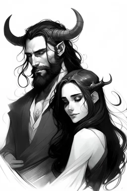 Sketch, Beard, dark hair, demon prince, horns, handsome, mysterious, gentle, embracing a beautiful woman with long dark hair