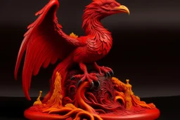 An orangish red volcano with a fiery phoenix designed in Maori sculptures