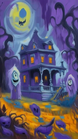 A purple haunted mansion with ghosts and Jack-o-lanterns painted by Claude Monet