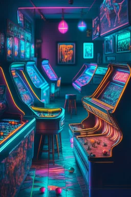 Beautiful pinball machines in a dark room with UV neon lights on the walls. Soft carpets on the floor, drinks in bottles and glasses on small tables