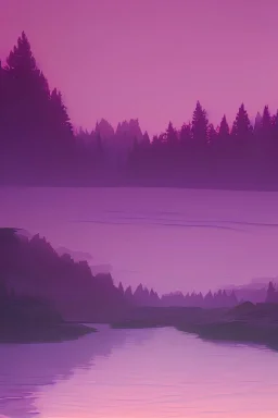 purple hue forest sunset with a calm shallow river reflecting all of the sky back.