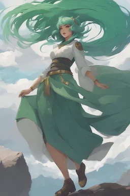 concept art of a beautiful woman with green hair, by Krenz Cushart, clouds, detailed digital artwork, illustrative, painterly, matte painting, highly detailed, cinematic composition, free, liberation
